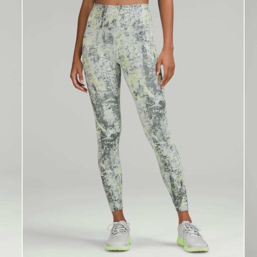 Lululemon Wunder Train Contour Fit Tight Womens 10 Grey Yellow Crackle Glaze 25"